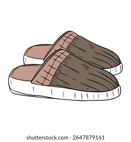 Hand drawn home slippers in sketch style with black outline. Cozy interior element

