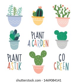 Hand drawn home succulent potted plants. Cute modern illustrations of different indoor plants. Lettering handwritten quotes with greenery images. Cartoon flat vector illustration in scandinavian style