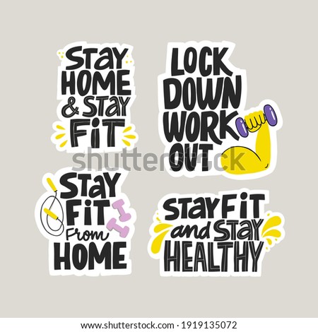 Hand drawn home workout quote.  Isolated vector inscriptions with dumbbells and a skipping rope.