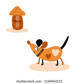 Hand drawn homeless happy dog found a home. Perfect for T-shirt, poster, card and print. Doodle vector illustration for decor and design.
