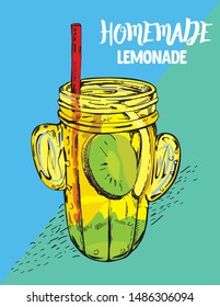 Hand drawn Homemade Lemonade. 
Lemon, Water, Kiwi, Sugar, Straw and Ice. Menu for Cafe and Restaurants. Glass Jar with Lemonade, a Sketch of Summer Fresh Cold Drink. Vector Illustration.
