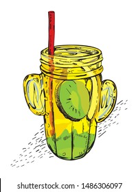Hand drawn Homemade Lemonade. 
Lemon, Water, Kiwi, Sugar, Straw and Ice. Menu for Cafe and Restaurants. Glass Jar with Lemonade, a Sketch of Summer Fresh Cold Drink. Vector Illustration.