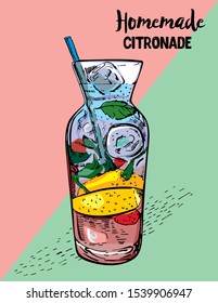 Hand drawn Homemade Lemonade. 
Lemon, Water, Kiwi, Sugar, Straw and Ice. Menu for Cafe and Restaurants. Glass Jar with Lemonade, a Sketch of Summer Fresh Cold Drink. Vector Illustration.