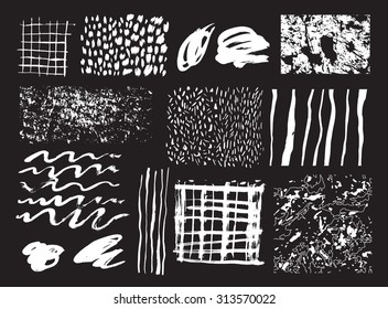 Hand Drawn homemade textures made with ink. Vector. Isolated.