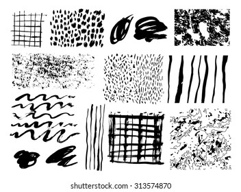  Hand Drawn homemade textures made with ink. Vector. Isolated.