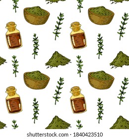 Hand drawn homeopathic and alternative medicine seamless pattern with dried herbs and mixture bottle. Vector illustration in sketch stile.