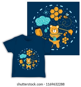 hand drawn honey bear, honeycomb and geometric shapes. Creative childish texture. Great for fabric,baby cloth, textile Vector Illustration