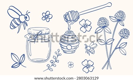 Hand drawn honey and bee elements set with flowers, honey jar, beehive, and dipper
