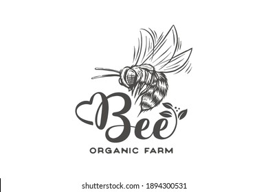 Hand drawn honey bee farming logo with leaves