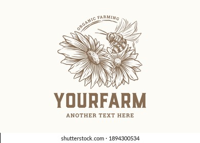 Hand drawn honey bee farming logo with flowers
