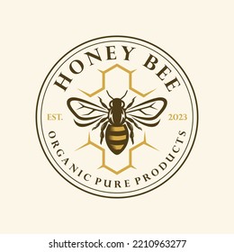 Hand Drawn Honey Bee with Flowers Logo Inspirations Vector illustration. Honey label design. Concept for organic honey products, package design.