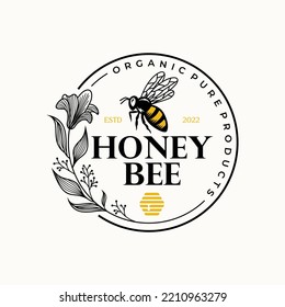 Hand Drawn Honey Bee with Flowers Logo Inspirations Vector illustration. Honey label design. Concept for organic honey products, package design.