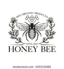 Hand Drawn Honey Bee with Flowers Logo Inspirations Vector illustration. Honey label design. Concept for organic honey products, package design.