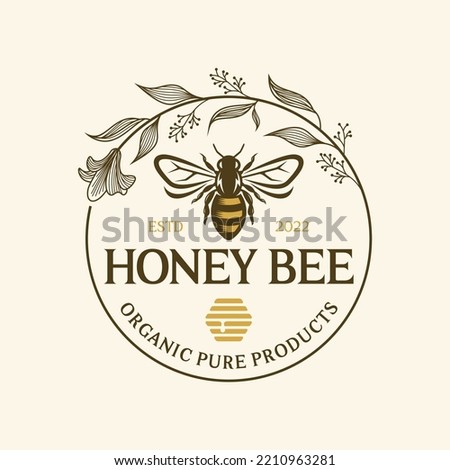 Hand Drawn Honey Bee with Flowers Logo Inspirations Vector illustration. Honey label design. Concept for organic honey products, package design.