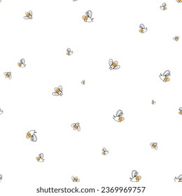 Hand drawn honey bee seamless pattern. Continuous line drawing style, white background.