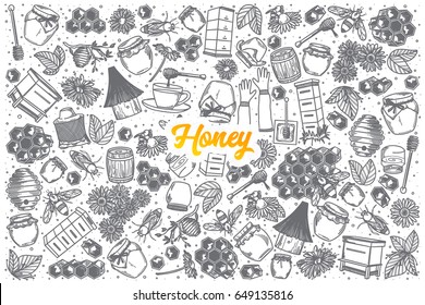 Hand Drawn Honey Doodle Set Background With Orange Lettering In Vector