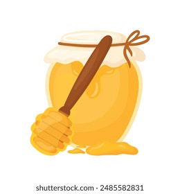 Hand drawn honey jar with honey bee dripping and dipper spoon cute cartoon doodle icon cartoon vector illustration isolated on transparent background