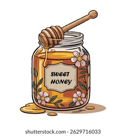 Hand drawn honey jar with honey bee dripping and dipper spoon cute cartoon doodle icon cartoon vector illustration.