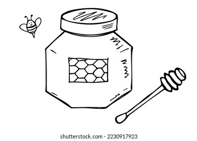 Hand drawn honey jar clipart. Healthy natural organic product doodle.