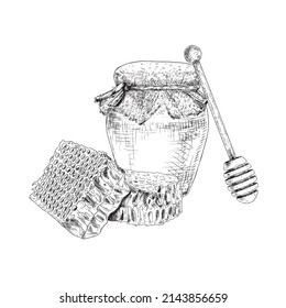 Hand drawn honey jar, honey comb and wooden honey dipper isolated on white background. Vector illustration.