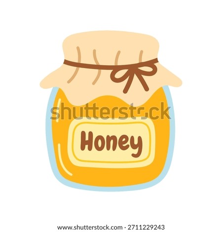 Hand drawn honey jar with label and cloth lid in warm yellow palette. Perfect for food design, organic labels, packaging, product branding and sweet themed graphics.