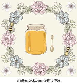 Hand drawn honey jar, spoon and bees in floral frame. Colorful illustration. Vintage engraving style