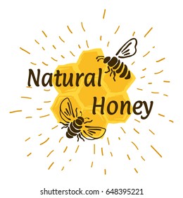 Hand drawn honey label with lettering, typography and sunbursts.