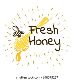 Hand drawn honey label with lettering, typography and sunbursts.