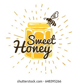 Hand drawn honey label with lettering, typography and sunbursts.