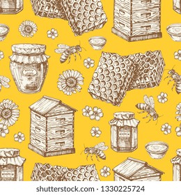 Hand drawn honey seamless pattern with jars, bee, flowers and beehive. Illustration of bee and sweet honey, natural beeswax