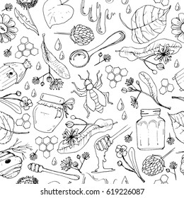 Hand drawn honey seamless pattern with jars, hives, bee and flowers.