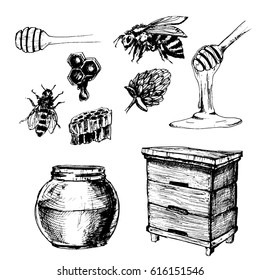 Hand drawn honey set with jar, hive and bee.