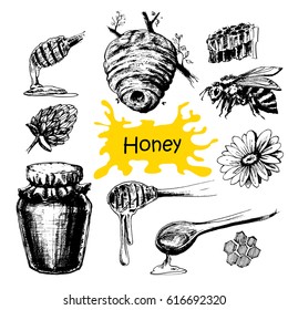 Hand drawn honey set with jar, hive and bee.