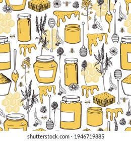 Hand drawn honey set.  Vector  seamless pattern. 