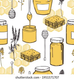 Hand drawn honey set.  Vector  seamless pattern. 