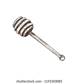 Hand drawn honey wooden deeper stick in sketch style. Vector Illustration isolated on white background.