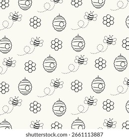 Padrão sem costura de abelha de mel desenhado à mão. Arte em linha para crianças, berçário, adesivos, diários, papel de embrulho.