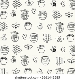 Padrão sem costura de abelha de mel desenhado à mão. Arte em linha para crianças, berçário, adesivos, diários, papel de embrulho.	