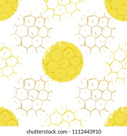Hand Drawn Honeycomb Seamless Pattern with bee and text honey. Apiary concept for beekeepers or for label or wrapping any honey products. Vector illustration