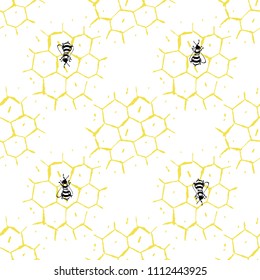 Hand Drawn Honeycomb Seamless Pattern with bee and text honey. Apiary concept for beekeepers or for label or wrapping any honey products. Vector illustration