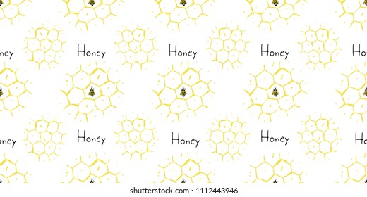 Hand Drawn Honeycomb Seamless Pattern with bee and text honey. Apiary concept for beekeepers or for label or wrapping any honey products. Vector illustration