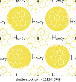 Hand Drawn Honeycomb Seamless Pattern with bee and text honey. Apiary concept for beekeepers or for label or wrapping any honey products. Vector illustration