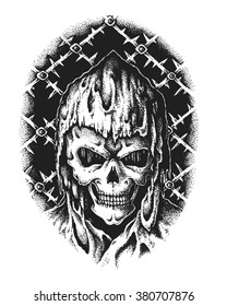 Hand drawn hooded sorcerer skull. Vector illustration