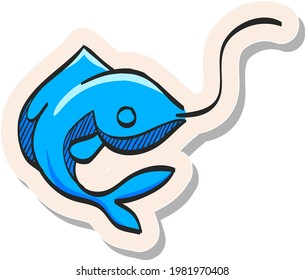Icono de pez enganchado dibujado a mano en ilustración vectorial de estilo de pegatina