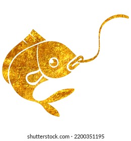 Hand drawn Hooked fish icon in gold foil texture vector illustration