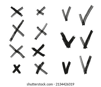 Hand drawn hooks and crosses set. Vote, no, yes black symbols in sketch doodle style. Vector illustration isolated on white background