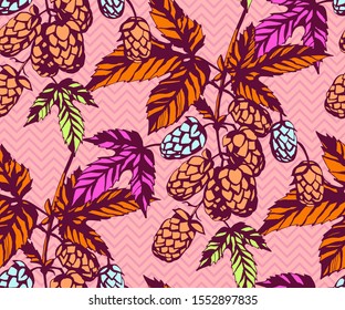 Hand drawn hop branch decorative background. Ethnic seamless pattern ornament. Vector pattern