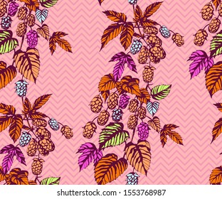 Hand drawn hop branch decorative background. Ethnic seamless pattern ornament. Vector pattern