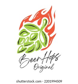 Hand Drawn Hop cone and fire label. Design elements for logo, badge, emblem, restaurant menu, beer pub, brewery