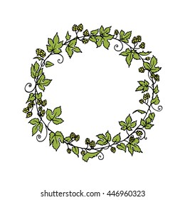 Hand drawn hop wreath made in vector. Graceful garland of hop branch with leaves and cones. Romantic floral design elements.